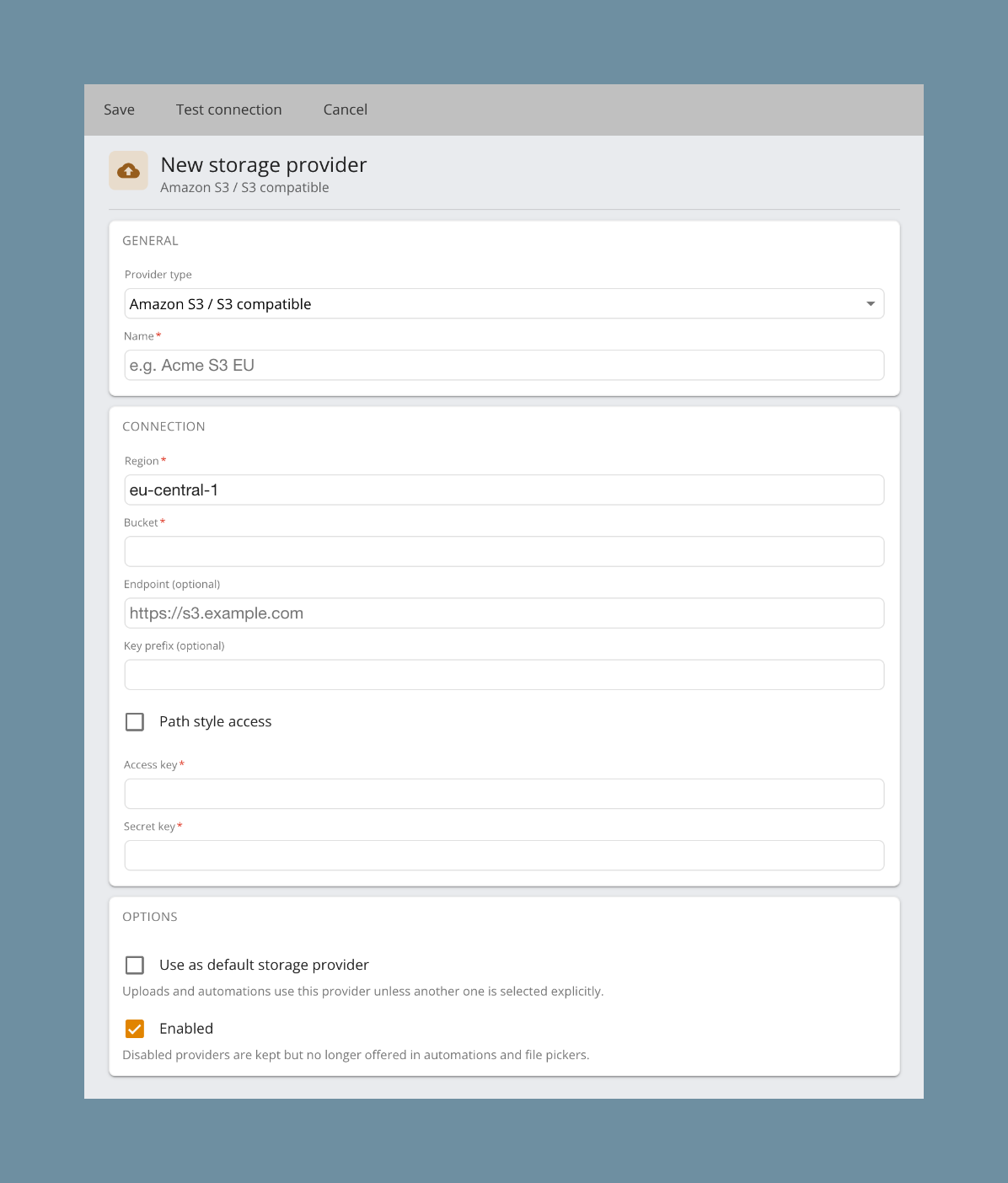 S3 connection settings