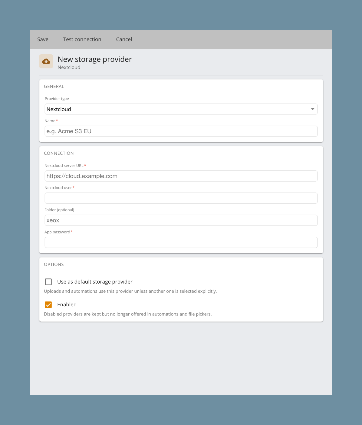 Nextcloud connection settings